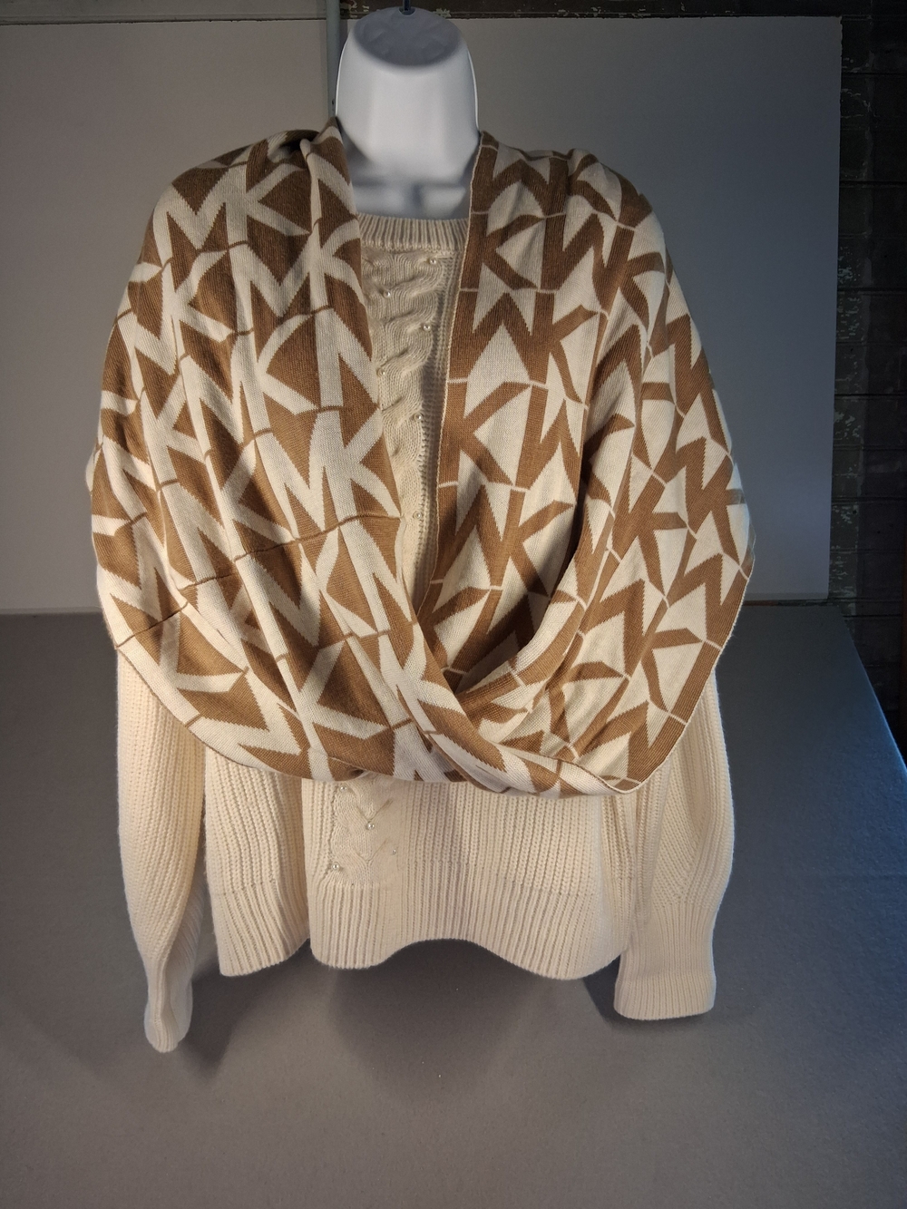 Michael Kors Tan & Cream MK Logo Knit Wrap Scarf